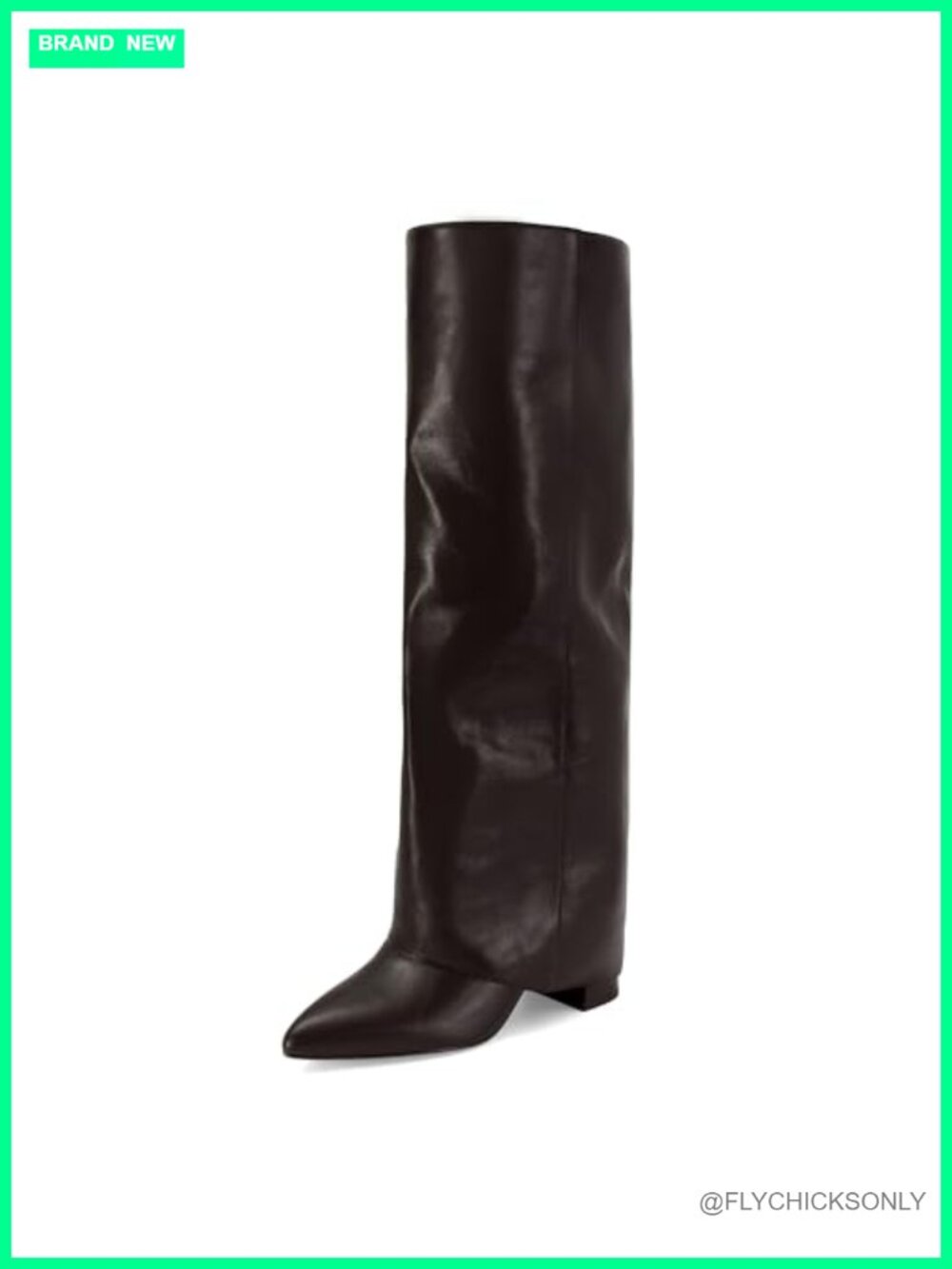 Faux Leather Knee High Boots Chunky Heel Fold Over Pointed Toe Pull On Women's